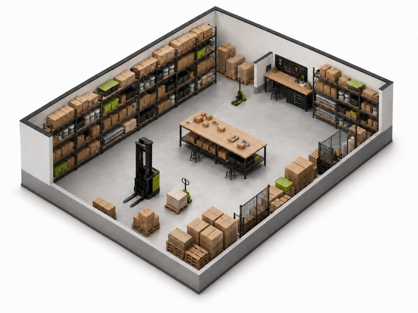 Isometric layout of a large flex warehouse unit with shelving, pallets, packing table, and material handling equipment