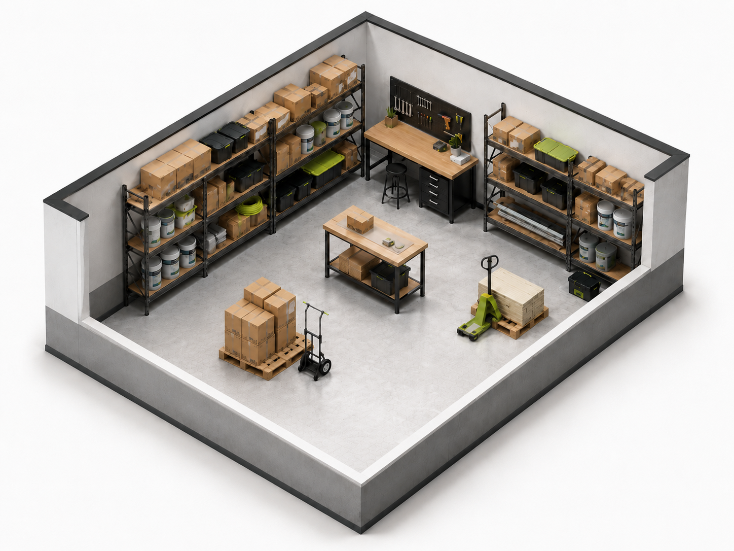Isometric layout of a medium flex warehouse unit with storage racks, pallets, workbench, and desk area