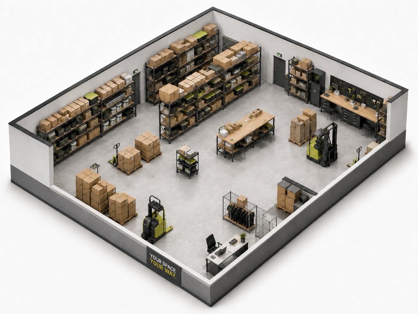 Isometric layout of an extra large flex warehouse unit with multiple storage zones, bulk inventory, work areas, and office support